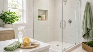 Clean tiled bathroom with visible grout, glass shower, and natural cleaning items including lemon, spray bottle and cloth for shower repair aftercare.