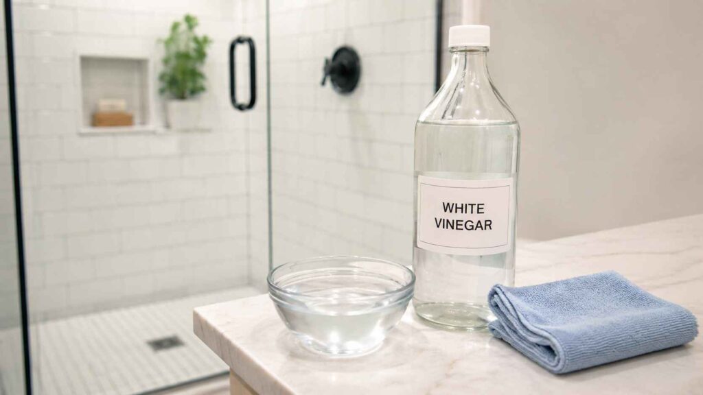 Shower Repair Aftercare: Natural Hacks to Maintain Your Bathroom 1 White vinegar, water and a soft cleaning cloth beside a tiled shower for gentle shower repair aftercare.