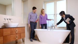 open house agent showing bathroom