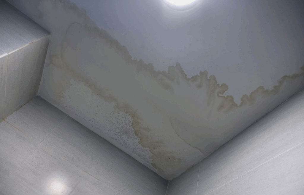Water-stained bathroom ceiling showing severe water damage caused by a leaking shower