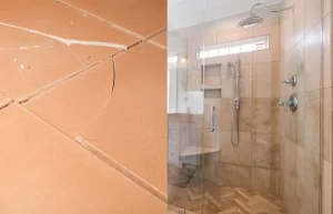 Cracked bathroom tile and repaired shower area comparison