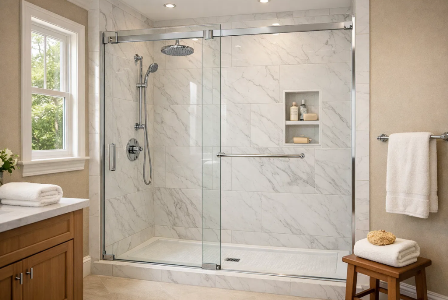 Modern tiled bathroom shower highlighting SRC’s leaking shower repair, shower resealing and wet area waterproofing services without tile removal.