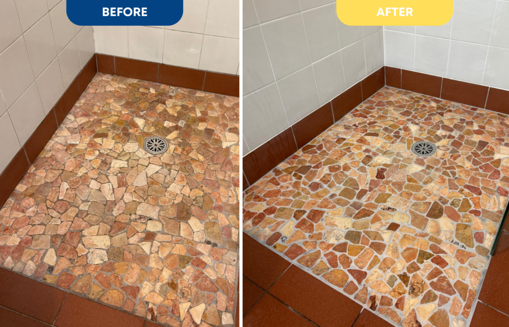Shower Tile Repair vs Full Demolition: What You Should Know Before Removing Tiles 2 Before-and-after shower repair with no tile removal, showing a mosaic shower floor restored with fresh grout and sealing in Sunshine Coast, QLD.