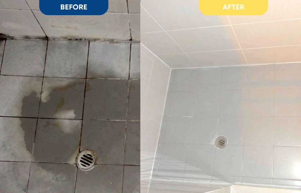 Shower Tile Repair vs Full Demolition: What You Should Know Before Removing Tiles 1 Before-and-after shower repair with no tile removal, showing stained tiles restored with fresh grout and sealing in Sydney, NSW.