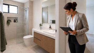 Strata or property manager inspecting a modern apartment bathroom for signs of shower leaks and water damage.